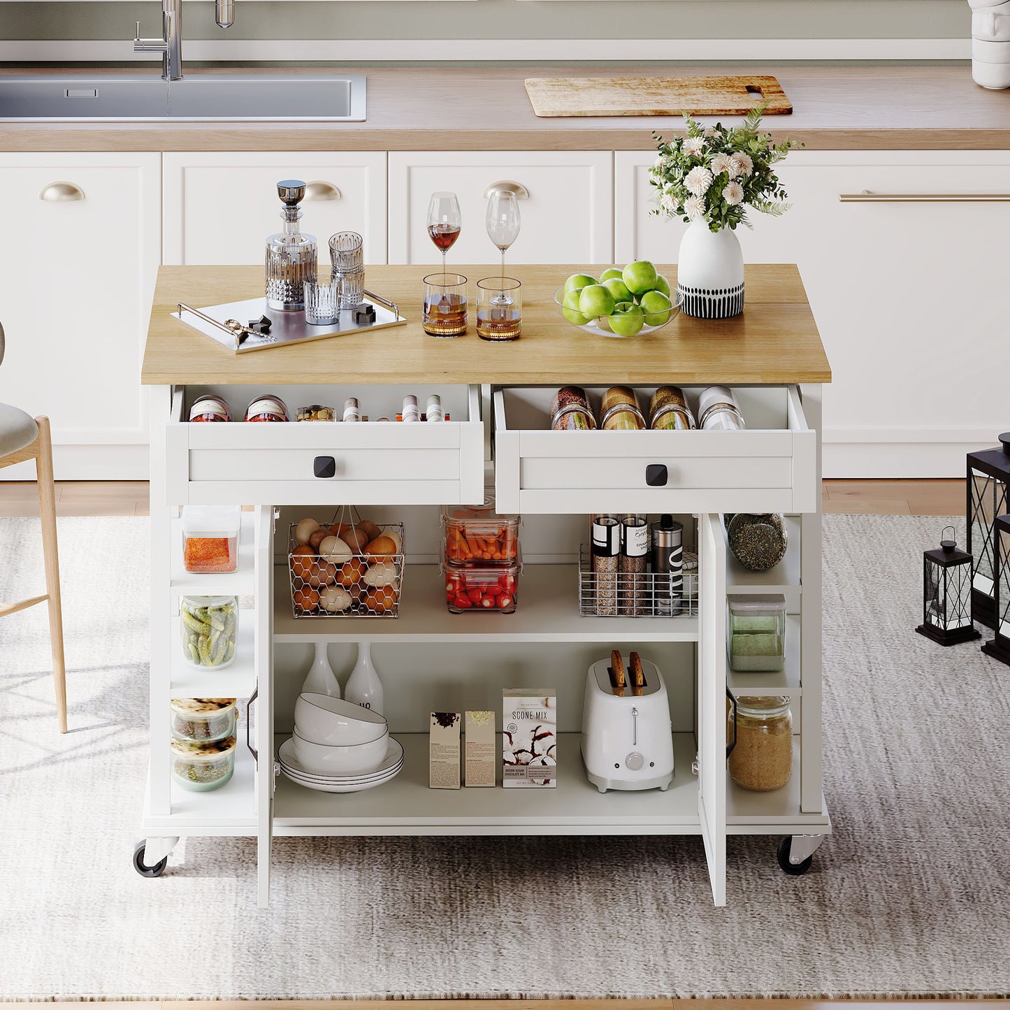 Keukentrolley – Keukenwagen – Serveerwagen – Opbergwagen – Werkbank – Uitschuifbaar Werkblad 120×65 cm – MDF Melamine Water- en Krasbestendig – Met 2 Lades, Opbergruimte en Wieltjes Wit