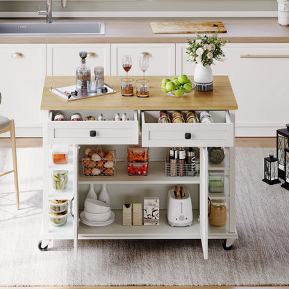 Keukentrolley – Keukenwagen – Serveerwagen – Opbergwagen – Werkbank – Uitschuifbaar Werkblad 120×65 cm – MDF Melamine Water- en Krasbestendig – Met 2 Lades, Opbergruimte en Wieltjes Wit