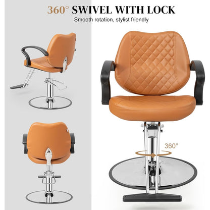Kappersstoel – Barberstoel – Hairstylingstoel – Beautystoel – Salonstoel – Verstelbare Hoogte 15 cm – 360° Draaibaar Met Voetsteun – Bruin PVC-leer – 150 kg Belastbaar – 101x85x61 cm