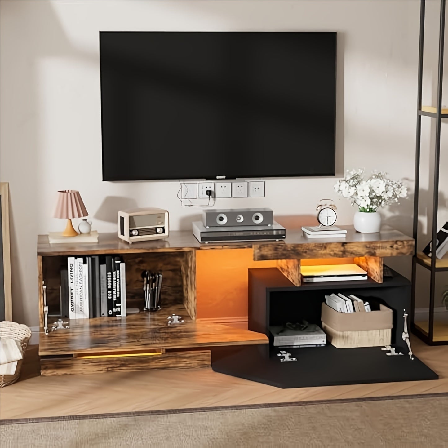 Tv Meubel – Tv Kast – TV-standaard – Lowboard – Dressoir – 140 cm Breed – 2 Laden & 1 Open Vak – Hout & Kunstplaat – Geschikt Voor TV Tot 65 Inch