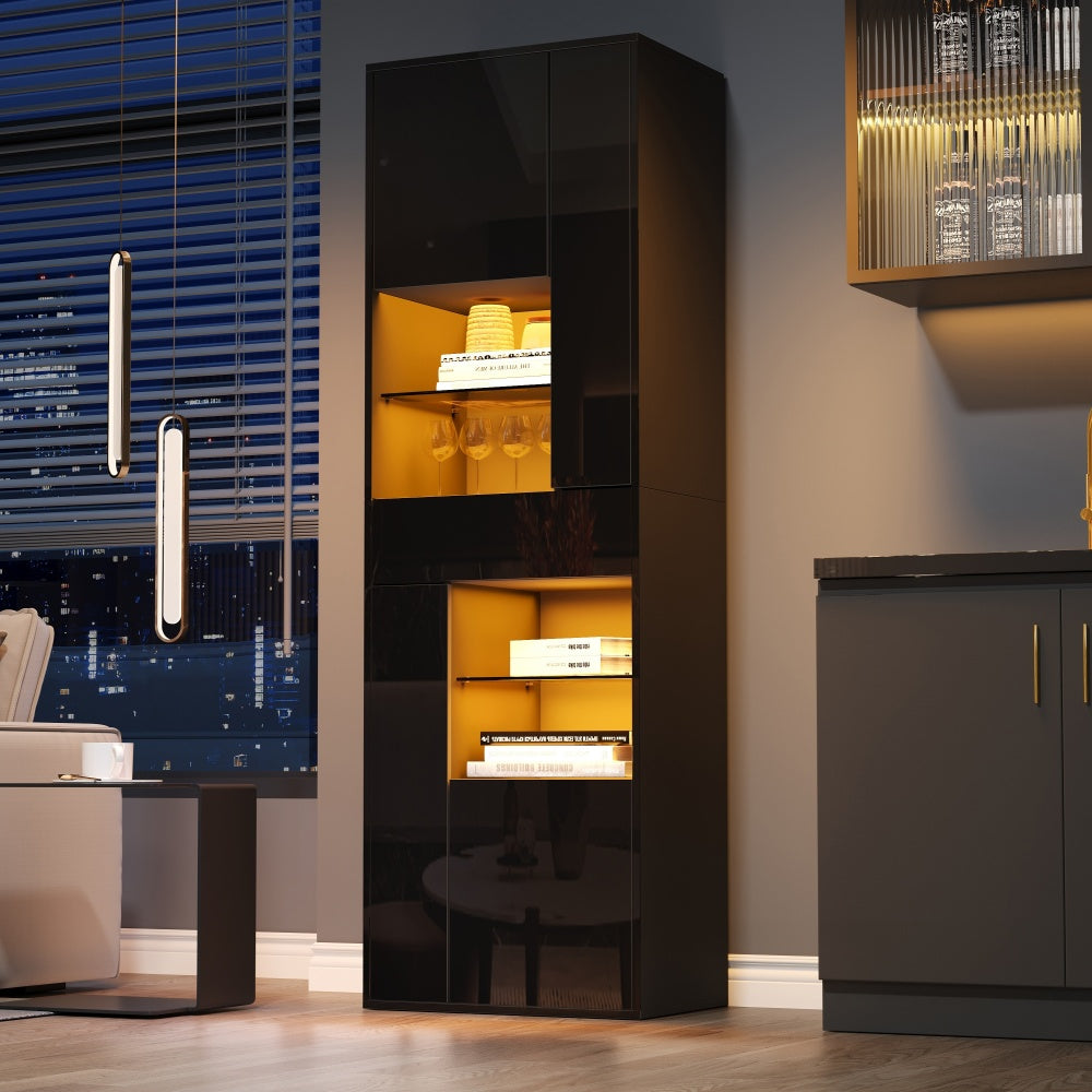 Dressoir – Opbergkast – Ladekast – Buffetkast – Kast – Zwart – Glazen Deuren – 55x38x170 cm – 4 Kasten & 1 Lade – Modern Minimalistisch Design