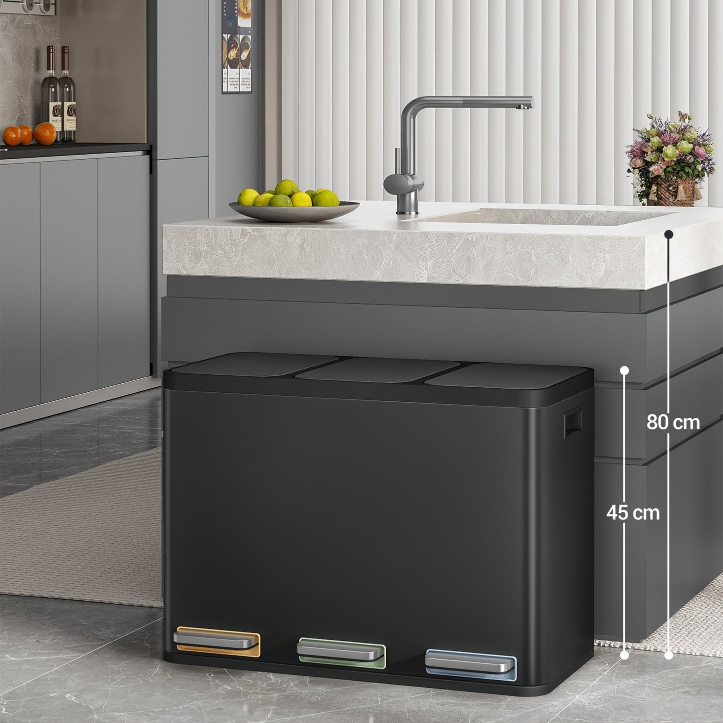Kitchen Rubbish Bin, Waste Separation System, 3 Compartments, 45L (3 X 15L), Stainless Steel Kitchen Rubbish Bin, Pedal Bin with Colour-Coded Pedals, Rubbish Bin, Quiet Slow Descent, Black, Household Waste Management, Kitchen