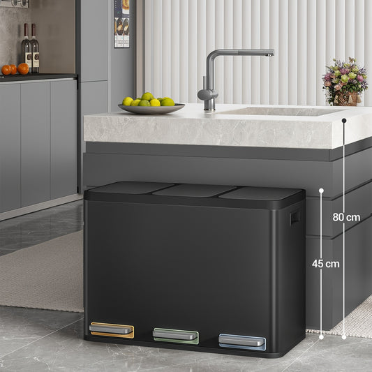 Kitchen Rubbish Bin, Waste Separation System, 3 Compartments, 45L (3 X 15L), Stainless Steel Kitchen Rubbish Bin, Pedal Bin with Colour-Coded Pedals, Rubbish Bin, Quiet Slow Descent, Black, Household Waste Management, Kitchen