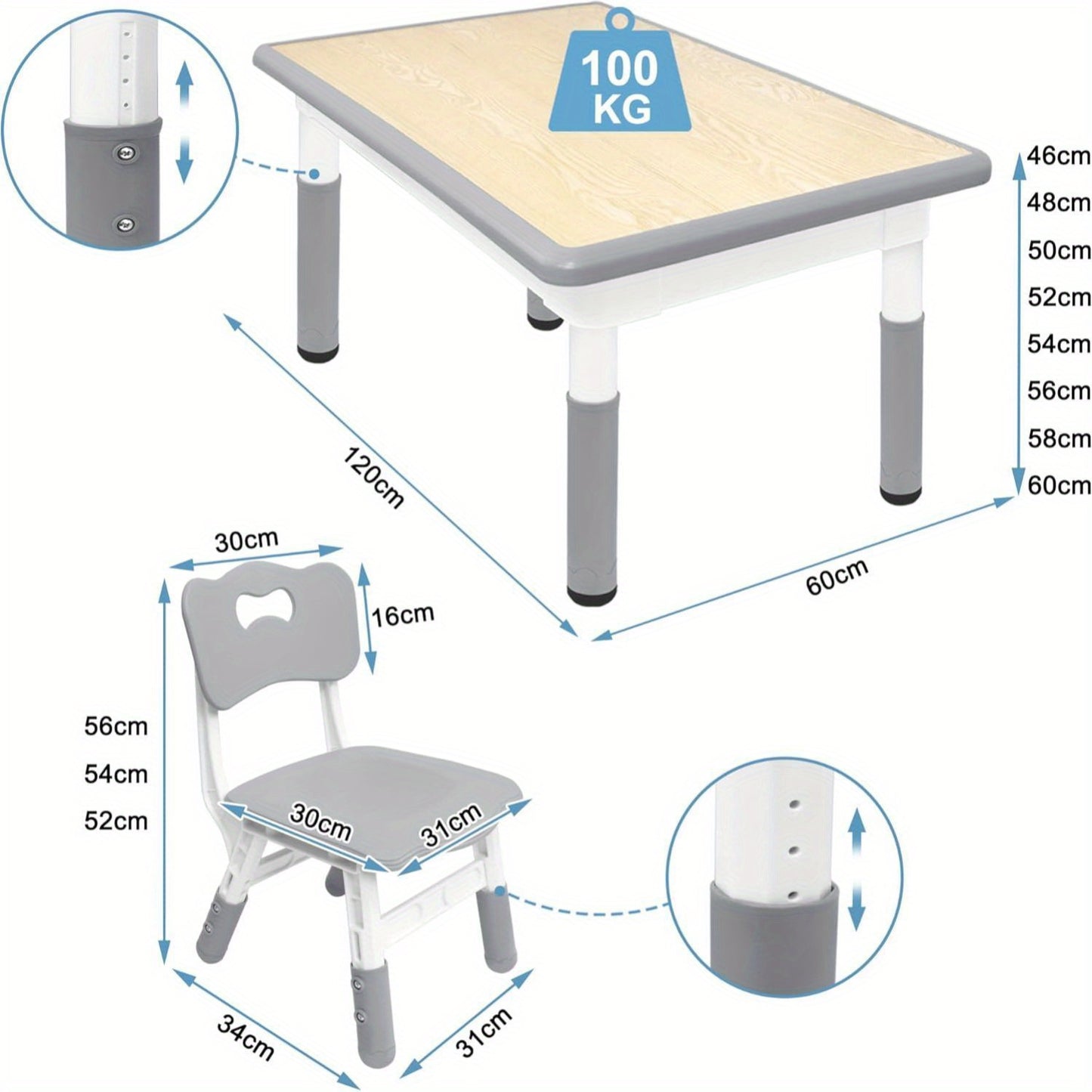 Tafelset Met 4 Stoelen – Stoel En Tafel Set – Kindermeubilair – Schoolmeubilair – Studie Set – Verstelbare Hoogte – Duurzaam Kunststof – Lichtgewicht – Gemakkelijk Schoon Te Maken – Grijs
