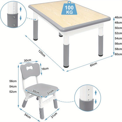Tafelset Met 4 Stoelen – Stoel En Tafel Set – Kindermeubilair – Schoolmeubilair – Studie Set – Verstelbare Hoogte – Duurzaam Kunststof – Lichtgewicht – Gemakkelijk Schoon Te Maken – Grijs