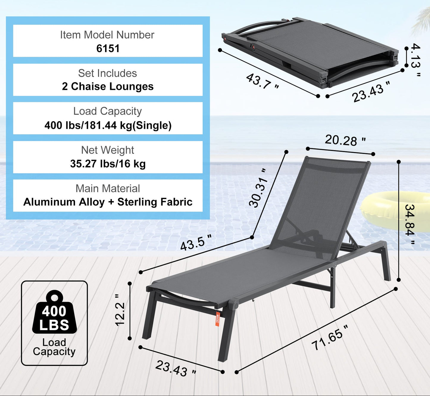 Ligstoel – Loungestoel – Tuinstoel – Zonnebed – Relaxstoel – Verstelbaar in 5 Posities – Aluminium Frame Donkergrijs