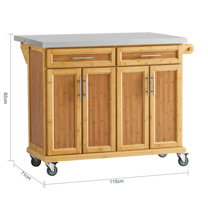 Keukentrolley op Wielen – Serveerwagen – Keukeneiland – Karrenwagen – Mobiele Keukenwagen – Uitschuifbaar Werkblad – Ruime Opberglades – Hoogwaardige Bamboe & RVS Afwerking – 115x92x(46-71) cm