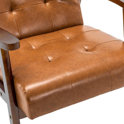Fauteuil – Stoel – Armstoel – Zetel – Mid-Century Chair – Rustkleur – Beukenhouten Frame – Kunstleren Bekleding – Comfortabele Schuimvulling – Houten Armleuningen