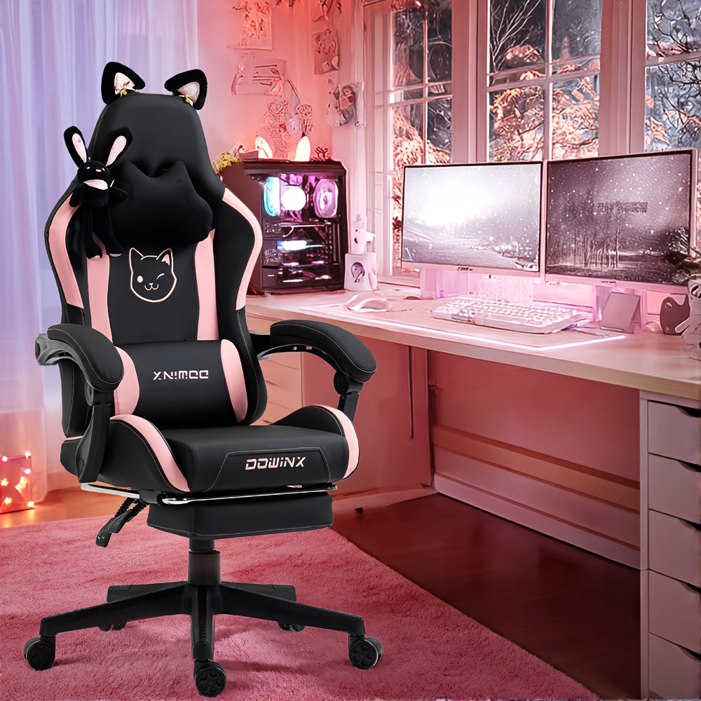 Gamingstoel Roze – Bureaustoel – Gamerstoel – Office Chair – Kawaii Stoel – Ergonomisch Design – Verstelbare Voetsteun – PU Leer & Metaal – Manuele Rugleuning – Max 136 kg