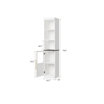 Hoge Smalle Badkamerkast – Opbergkast – Stellingkast – Kast Met Glazen Deur – Badkamermeubel – 177,8 cm Hoog – Massief Hardhout Met Eikenafwerking – Wit