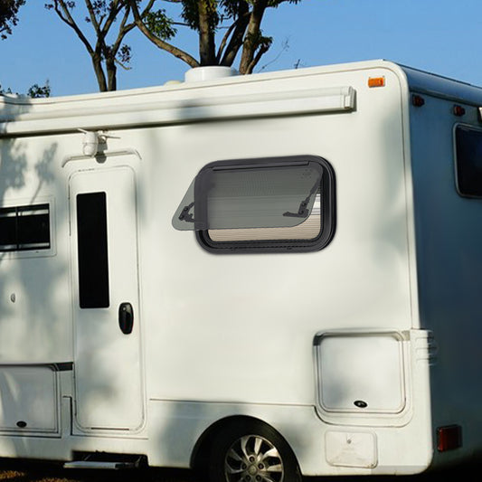 Uitzetraam Camper – Caravan Raam – Ventilatieraam – Insectenhorraam – Zonwerend Raam – 500x300mm – Aluminium – Tempered Glas – Plissé Hor – Zwart/Wit