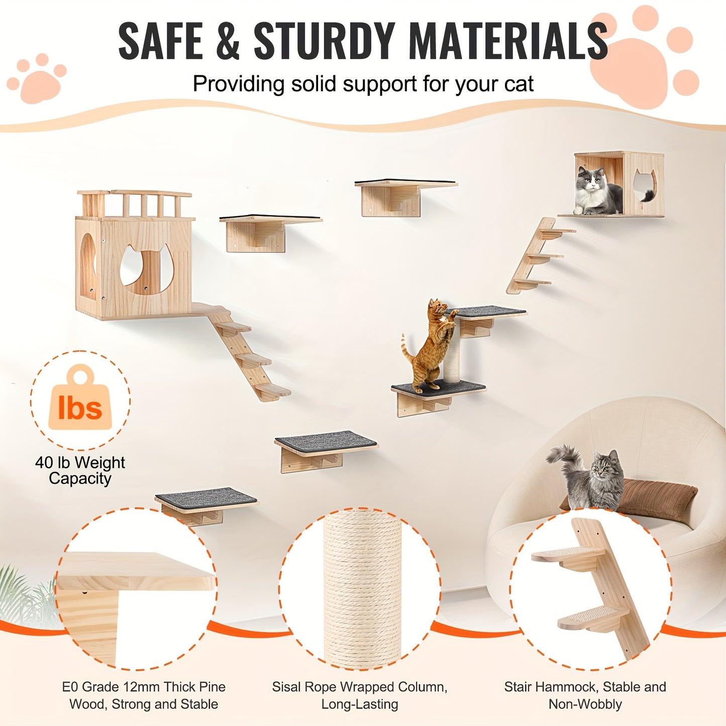 kattenwandplanken – kattenrennen – kattenhuis – kattenkooi – kattenverblijf – 9-delige set – duurzaam hout – multifunctioneel klimplezier