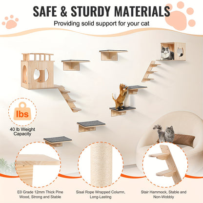 kattenwandplanken – kattenrennen – kattenhuis – kattenkooi – kattenverblijf – 9-delige set – duurzaam hout – multifunctioneel klimplezier