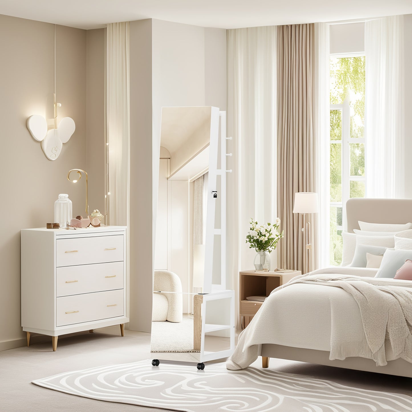 Sieradencabinet – Sieradendoos – Sieradenkast – Make-up Organizer – Opbergmeubel – Met Led-lichtbalken – Volledige Spiegel – Wit Zwart – Vergrendelbaar Met Wieltjes – Hoogwaardige MDF Uitvoering