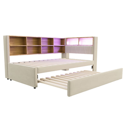 Sofa Bed 90x200, Pull-out Bed 90x190, Equipped with Multiple Storage Compartments, Upholstered Bed, Multi-functional Sofa Bed, Single Bed, Flannel, Beige.