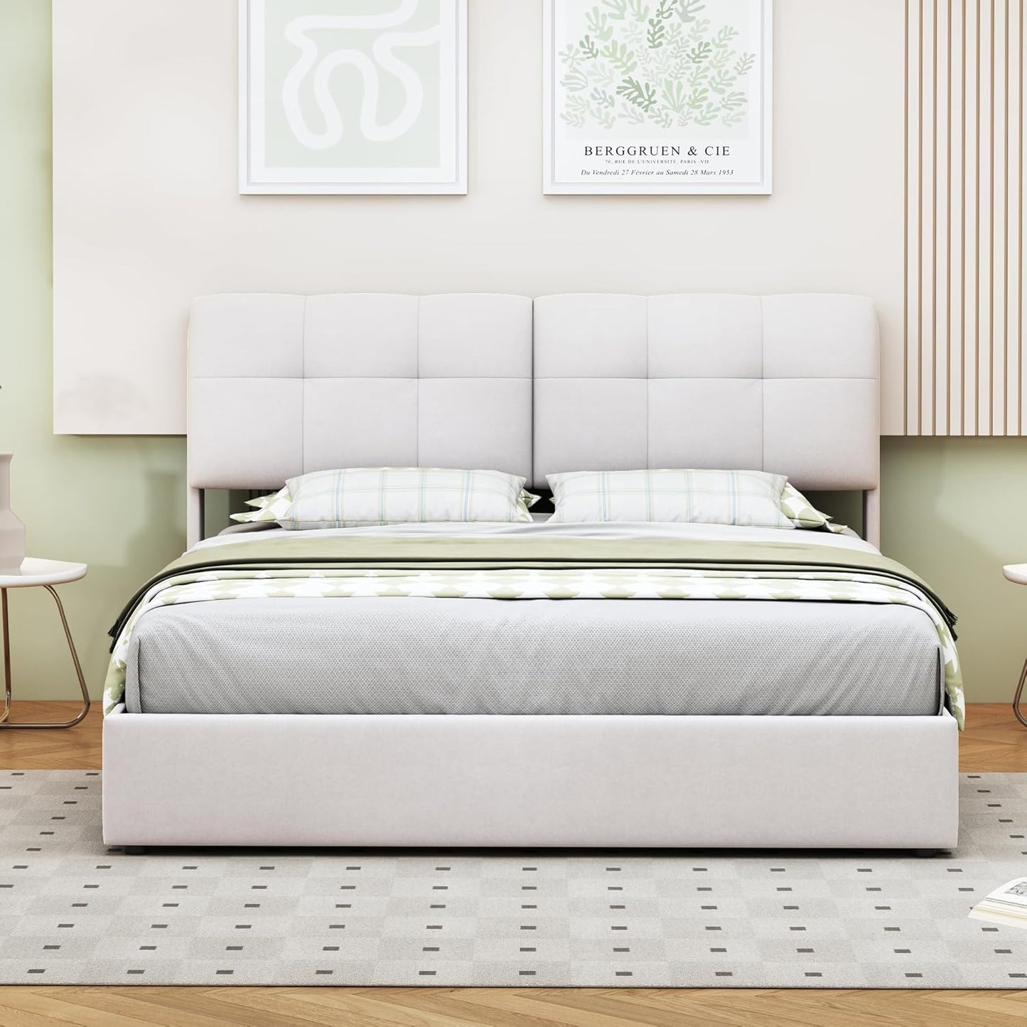 YCZ Storage Bed, Bed Frame with Slats, LED Double Bed, Bed Frame, Headboard, Velvet Fabric, Modern Style, Beige And White (Beige And White)
