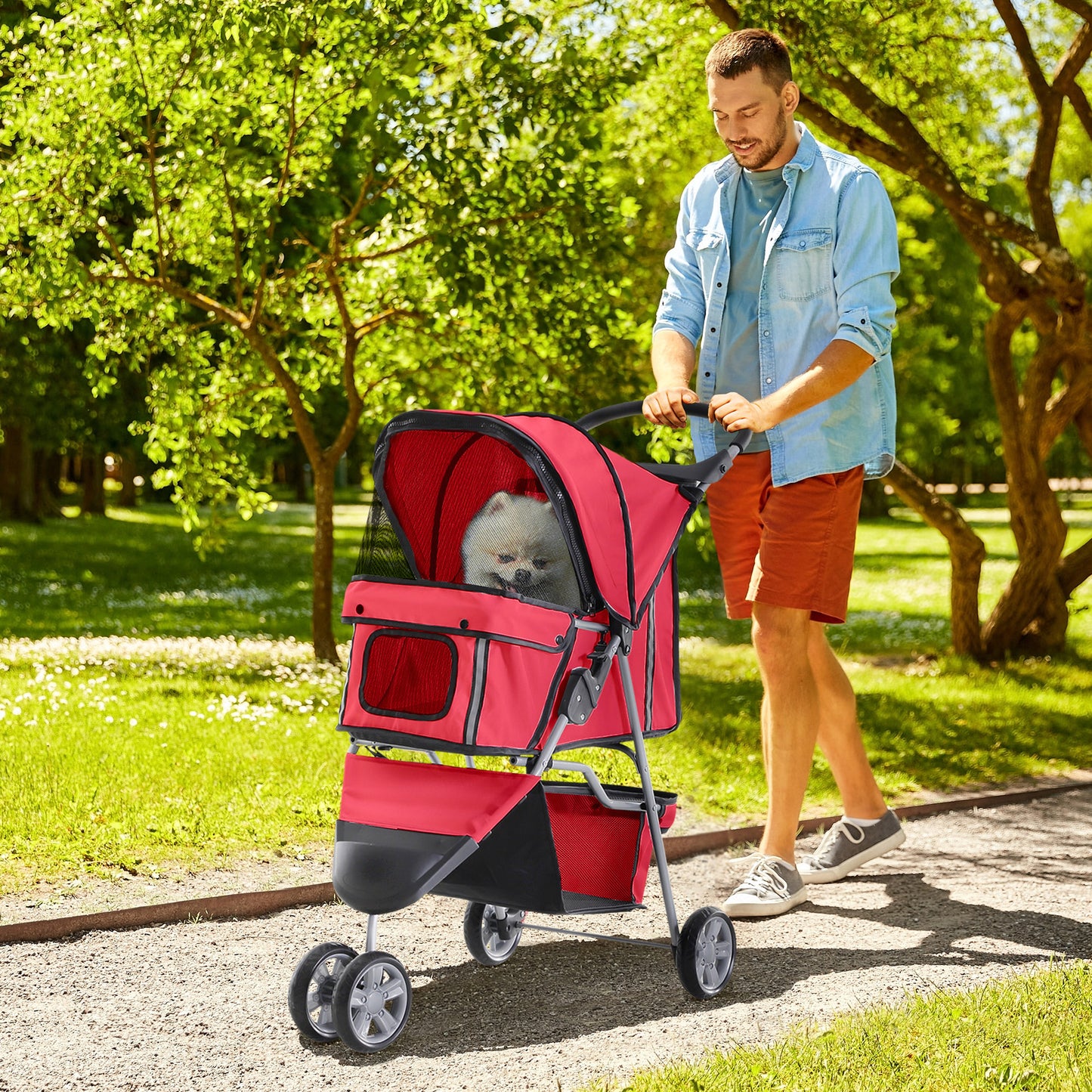 Dierenwagen – Huisdierenwagen – Hondenwagen – Kattenwagen – Inklapbare Wagen – Stevig Stalen Frame – 600D Oxford Stof – Rood – Remmen en Reflecterende Strepen
