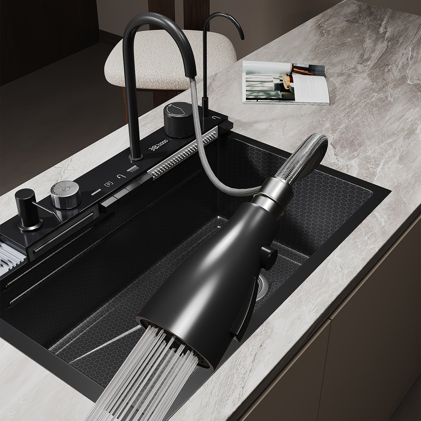 Keukenkraan – Spoelbak – Mengkraan – Kraan – Watervalkraan – RVS 304 Duurzaam – Extra Diepe Composietbak Met Piano Toetsbediening