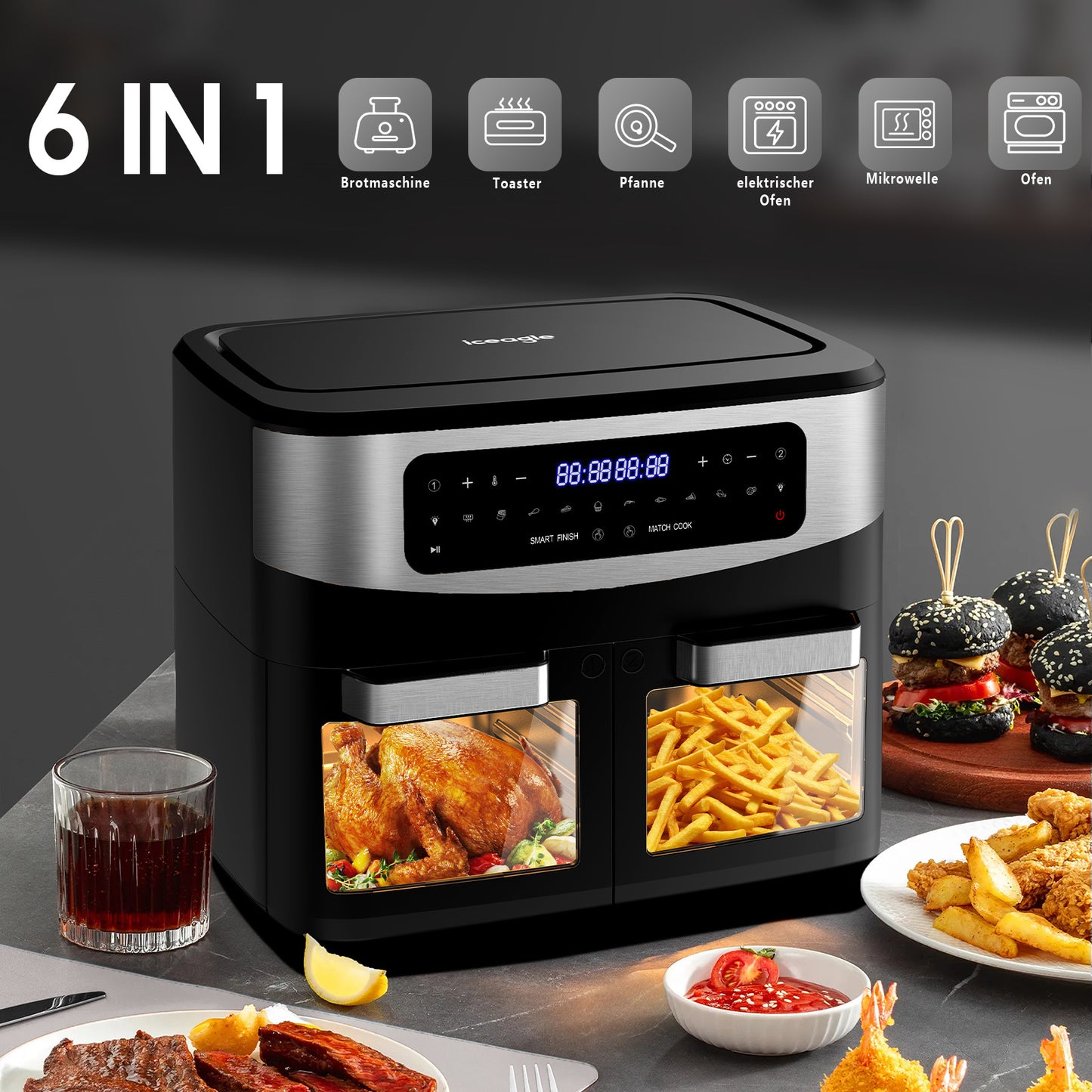 Airfryer – Heteluchtfriteuse – Snackmaker – Digitale Friteuse – Gezonde Airfryer – 12L XXL Inhoud – Dubbele Kookkamers – 2600W Vermogen