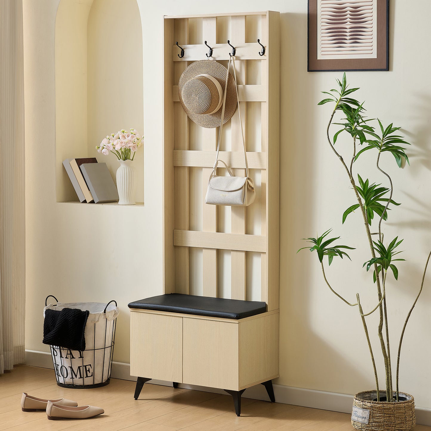 Kapstok – Wandkapstok – Halmeubel – Jashaak – Schoenenbank – Modern Houtlook – Zithoek Met Zachte Bekleding – Opbergruimte Met Dubbele Deuren