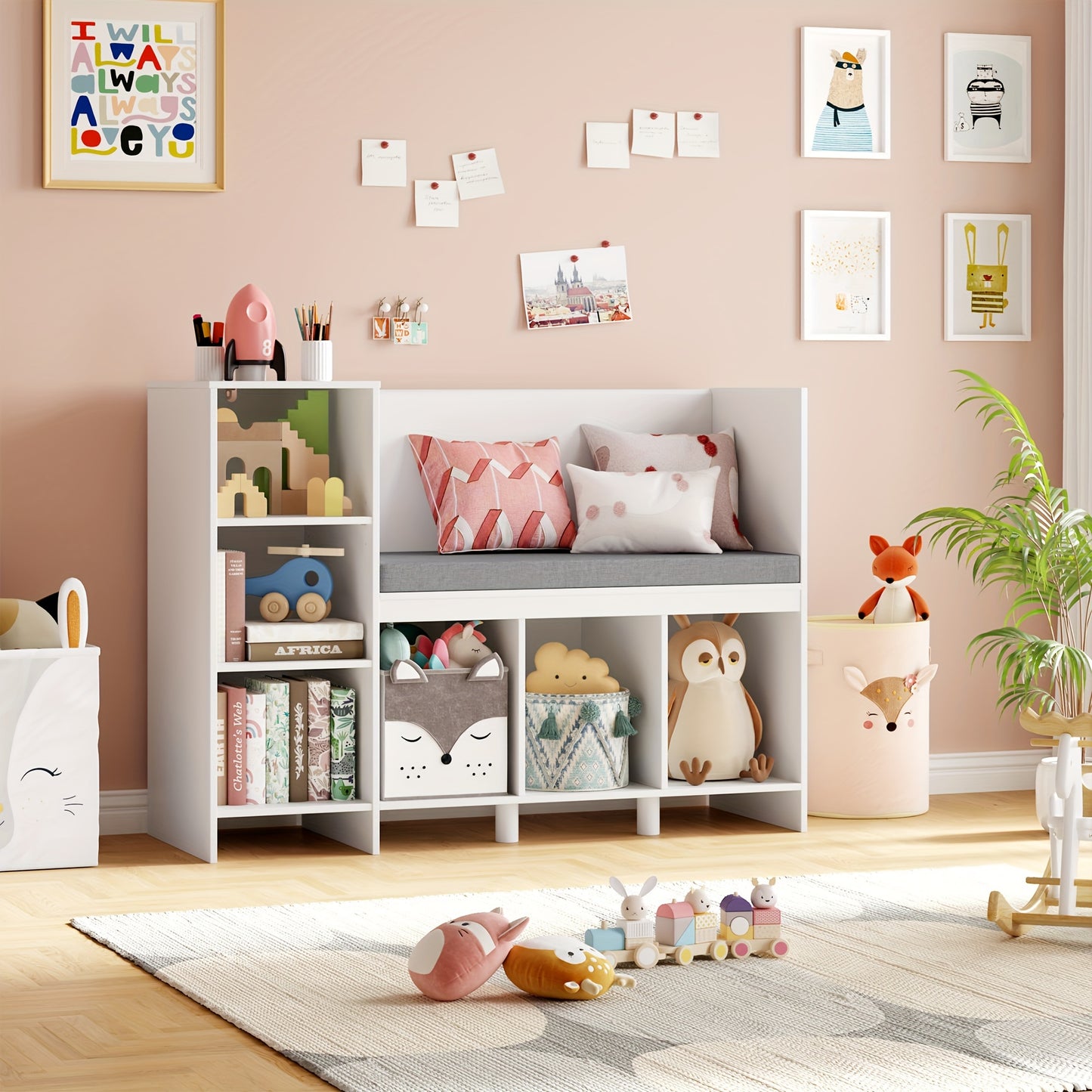 Boekenkast – Kasten – Opbergmeubel – Speelgoedrek – Zitbankje – Wit – 80,5x40x110 cm – 6 Opbergvakken – Afneembaar Wasbaar Zitkussen