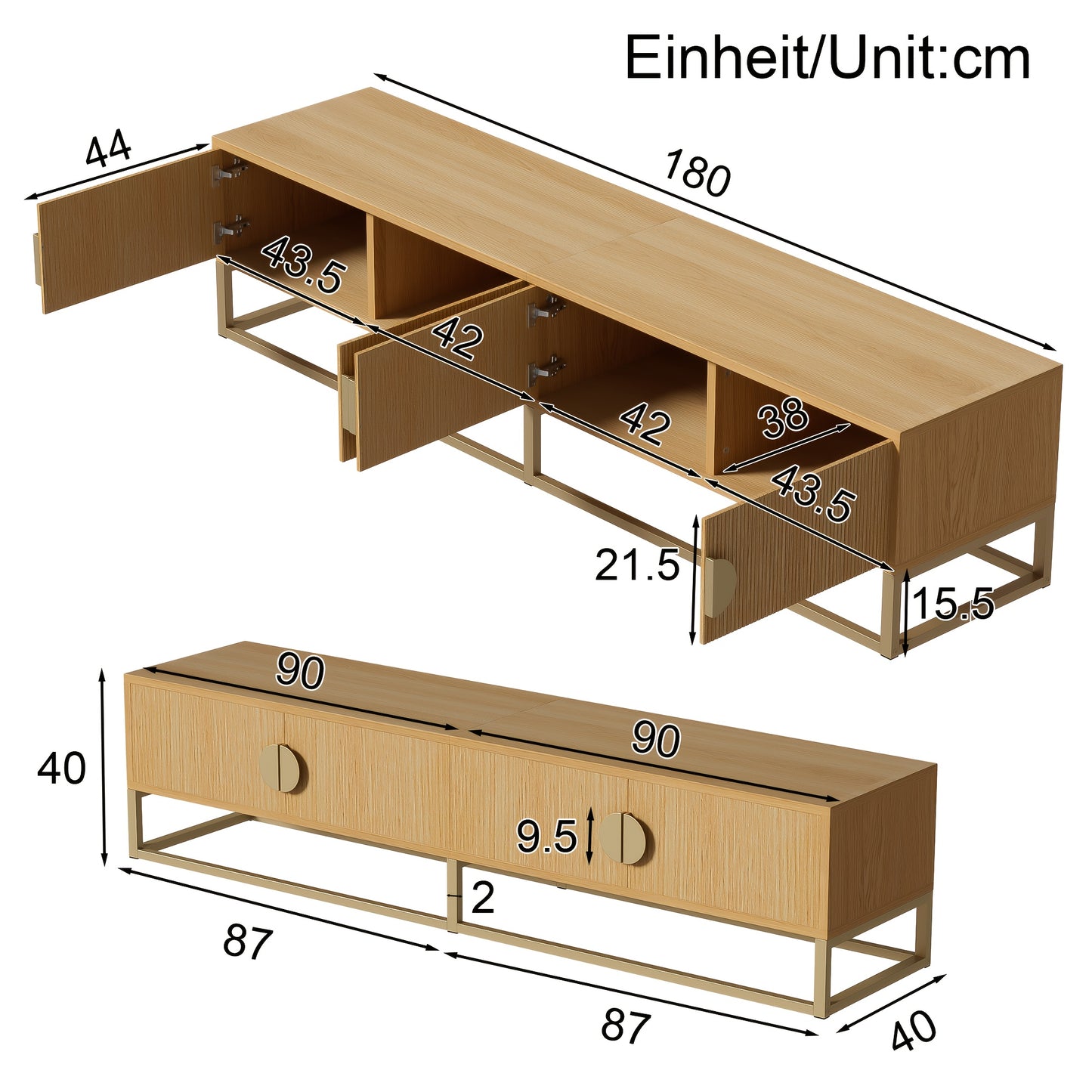 180cm Woodgrain TV Cabinet - Modern Dining Room Cabinet, 4 Doors, Semi-circular Pulls