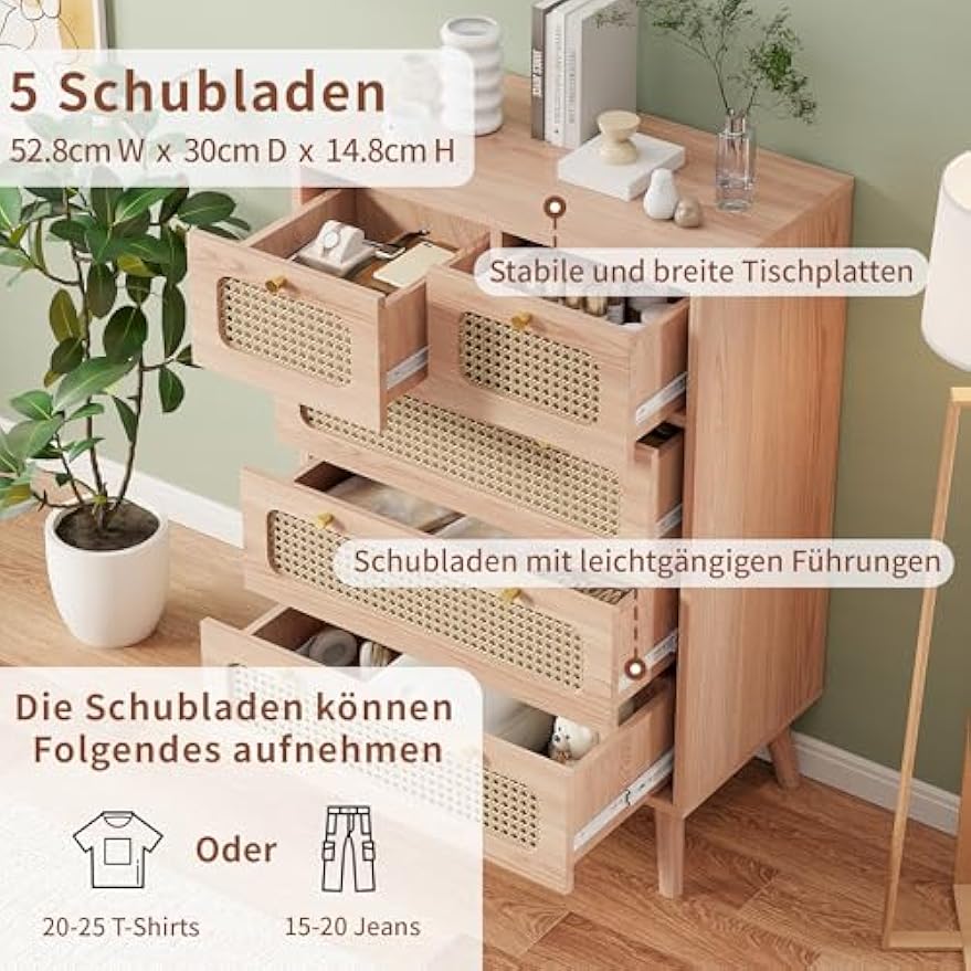 Ladekast – Ladenkast – Kommode – Opbergkast – Dressoir – 5 Lades – MDF Hout – Compact 60x34x91 cm – Natuurlijke Houtkleur
