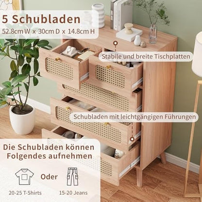 Ladekast – Ladenkast – Kommode – Opbergkast – Dressoir – 5 Lades – MDF Hout – Compact 60x34x91 cm – Natuurlijke Houtkleur