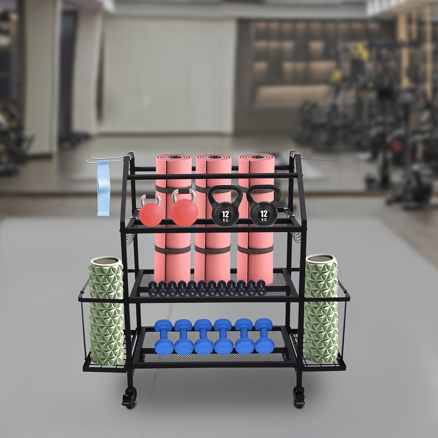 Dumbbellrek – Halterrek – Fitnessrek – Gewichtenrek – Home Gym Organizer – Stalen 3-Laags Rek Met 4 Wielen – Zijhaken Voor Springtouwen en Handdoeken