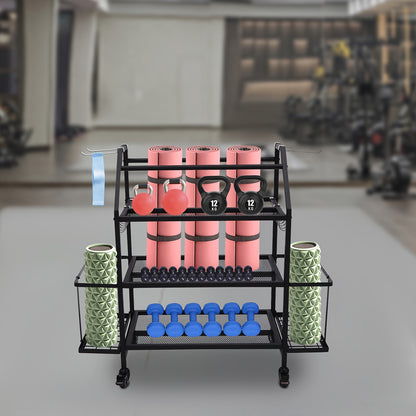 Dumbbellrek – Halterrek – Fitnessrek – Gewichtenrek – Home Gym Organizer – Stalen 3-Laags Rek Met 4 Wielen – Zijhaken Voor Springtouwen en Handdoeken