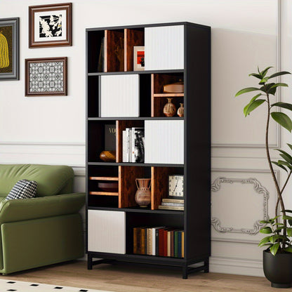 Boekenkast – Boekrek – Boekplank – Opbergkast – Vakkenkast – 5 Planken – 165 cm Hoogte – MDF Houtmateriaal – Wit + Zwart