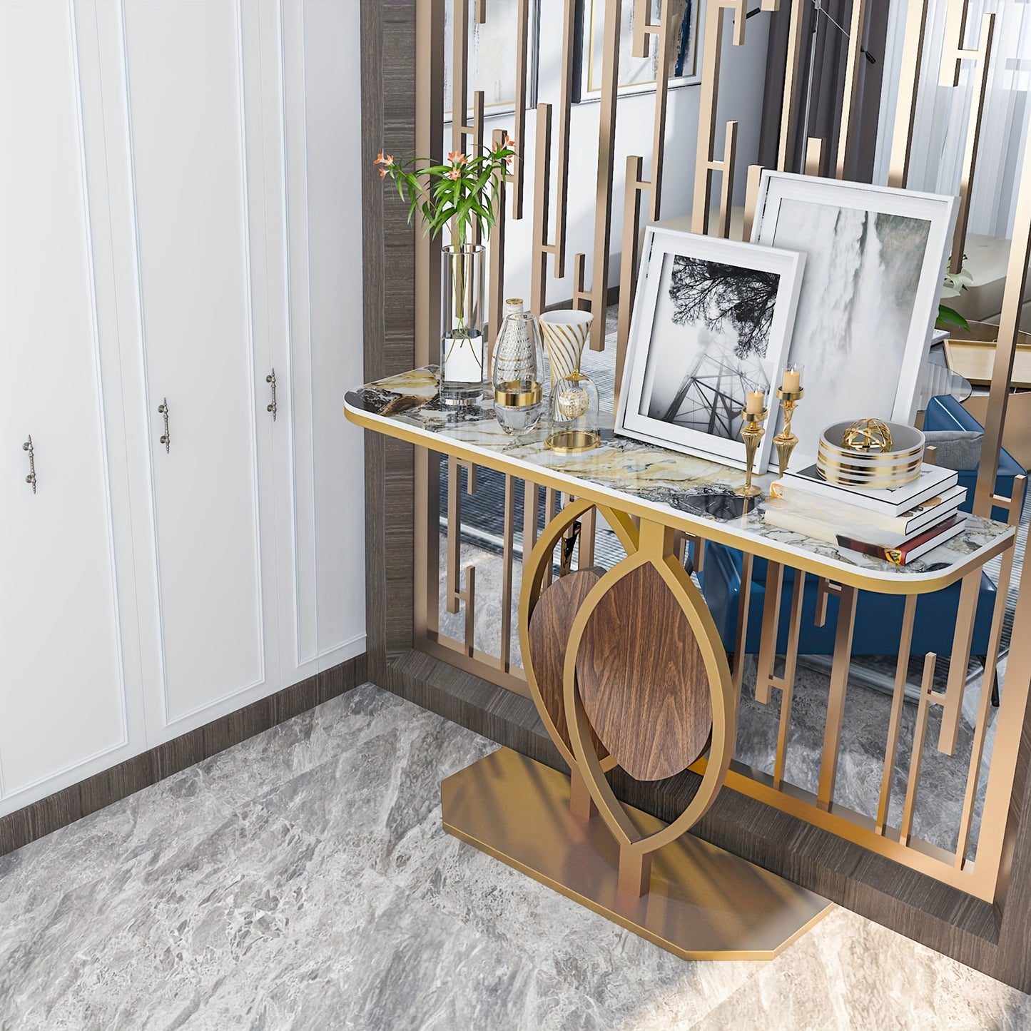 Sidetable – Bijzettafel – Haltafel – Console – Entreetafel – Luxe Sintered Stone Blad – Kras- en Hittebestendig – Gouden Metaal Onderstel – 99,79 KG Draagvermogen – 0,02% Waterabsorptie