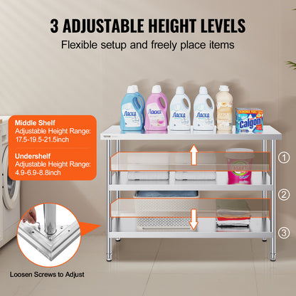 RVS Werktafel – Roestvrijstalen Werkbank – Keukentafel – Werkblad – Prep Tafel – Zilver – 3 Niveaus Met Verstelbare Planken – 0,8 mm Dikte Roestvrij Staal