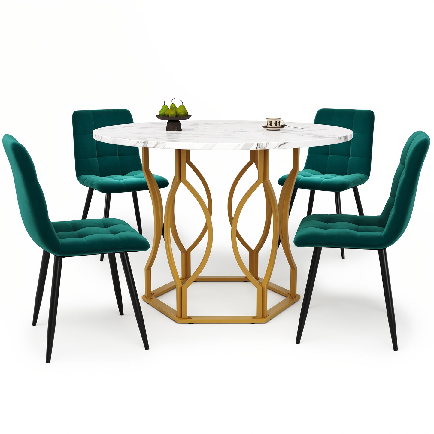 Eettafelset – Eetkamerset – Keukentafelset – Ronde Tafel – Stoelenset – 100 cm Diameter – Wit Tafelblad met Gouden Metalen Poten – Donkergroene Fluwelen Stoelen