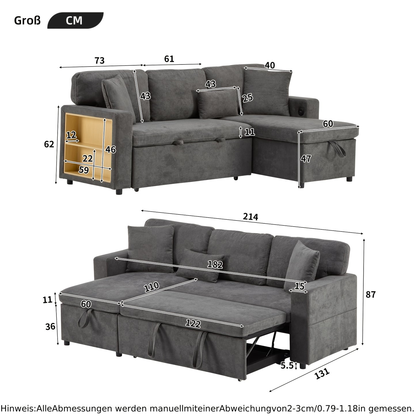 Slaapbank – Bedbank – Logeerbed – Zitzetel – Fauteuil – L-vormig – Opvouwbaar – Licht Beige – Inclusief Opbergruimte – Linnen Stof