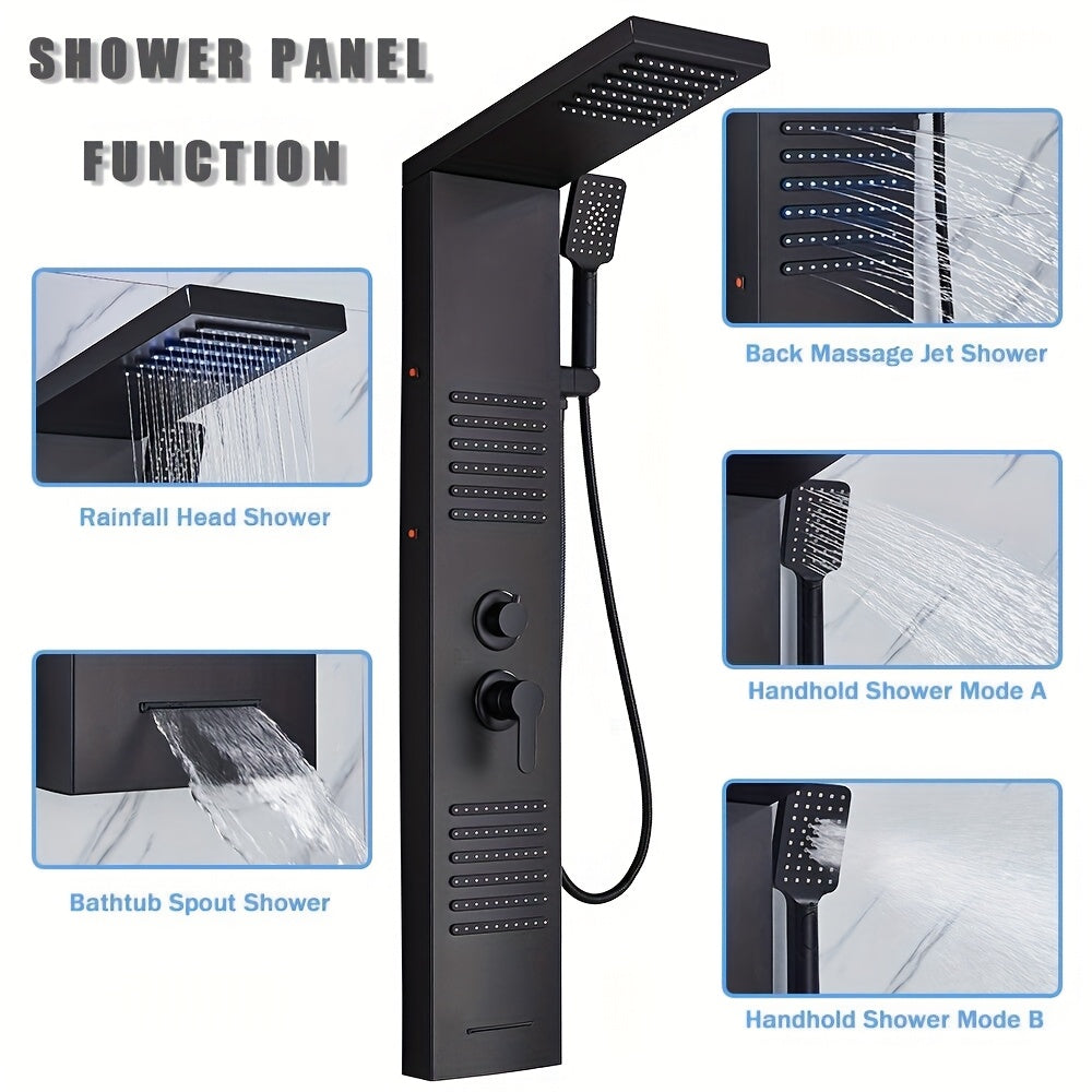 5-in-1 Stainless Steel Shower Panel Tower System with Rainfall Showerhead, Waterfall Spout, Handheld Shower & Tub Spout - High-Pressure Wall-Mounted Bath System, Matte Black Finish, Blue Backlit Controls, Easy Installation (N