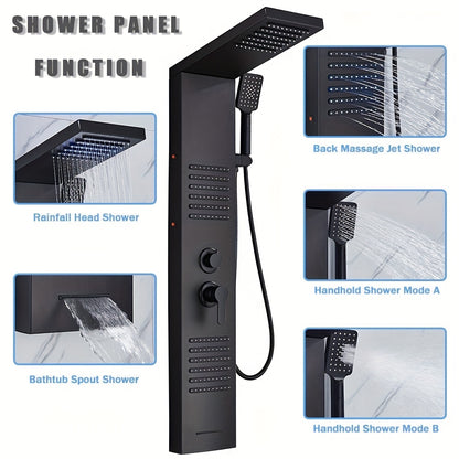 5-in-1 Stainless Steel Shower Panel Tower System with Rainfall Showerhead, Waterfall Spout, Handheld Shower & Tub Spout - High-Pressure Wall-Mounted Bath System, Matte Black Finish, Blue Backlit Controls, Easy Installation (N