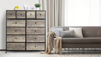 Sideboard – Dressoir – Opbergkast – Kast Met Lades – Meubel Met Stofladen – Grijs – 12 Ruime Stoffen Lades – Stevig Ijzeren Frame
