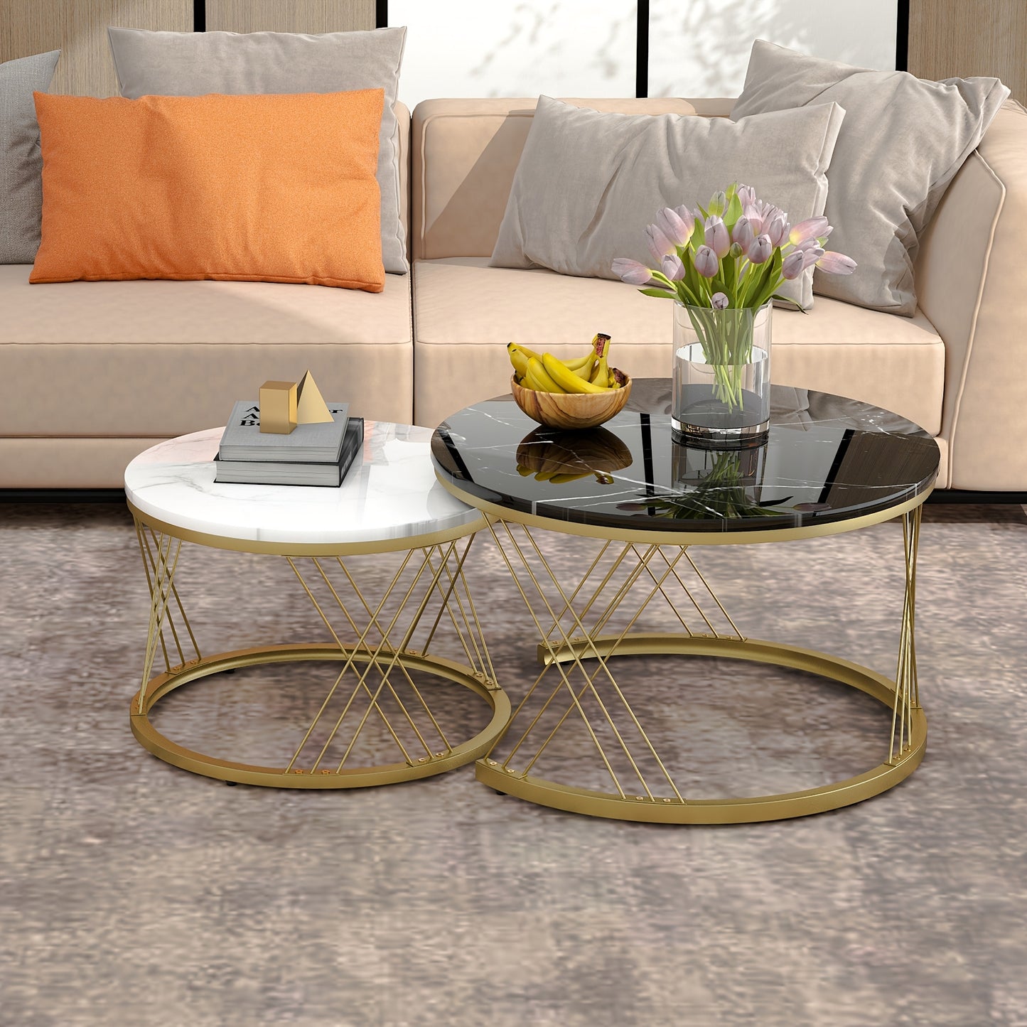 Salontafel – Bijzettafel – Koffietafel – Woonkamertafel – Nesting Set – Rond Marmerfineer – Gouden Metalen Frame – Ruimtebesparend Design – Eenvoudige Montage