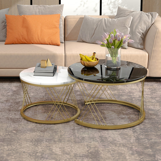 Salontafel – Bijzettafel – Koffietafel – Woonkamertafel – Nesting Set – Rond Marmerfineer – Gouden Metalen Frame – Ruimtebesparend Design – Eenvoudige Montage
