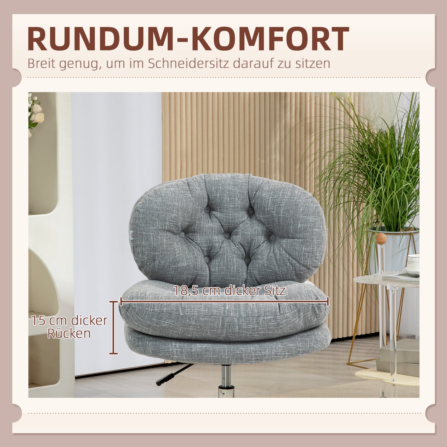 Office Chair Without Armrests, Comfortable Desk Chair with Padded Seat And Adjustable Height, Grey
