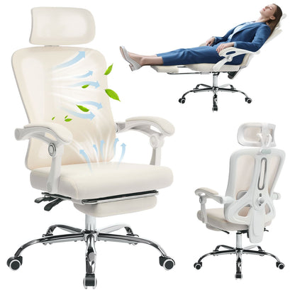 Ergonomische Bureaustoel – Kantoorstoel – Desk Chair – Werkstoel – Computestoel – Met Voetsteun – Verstelbare Lendensteun – 360° Draaibaar – Beige Mesh