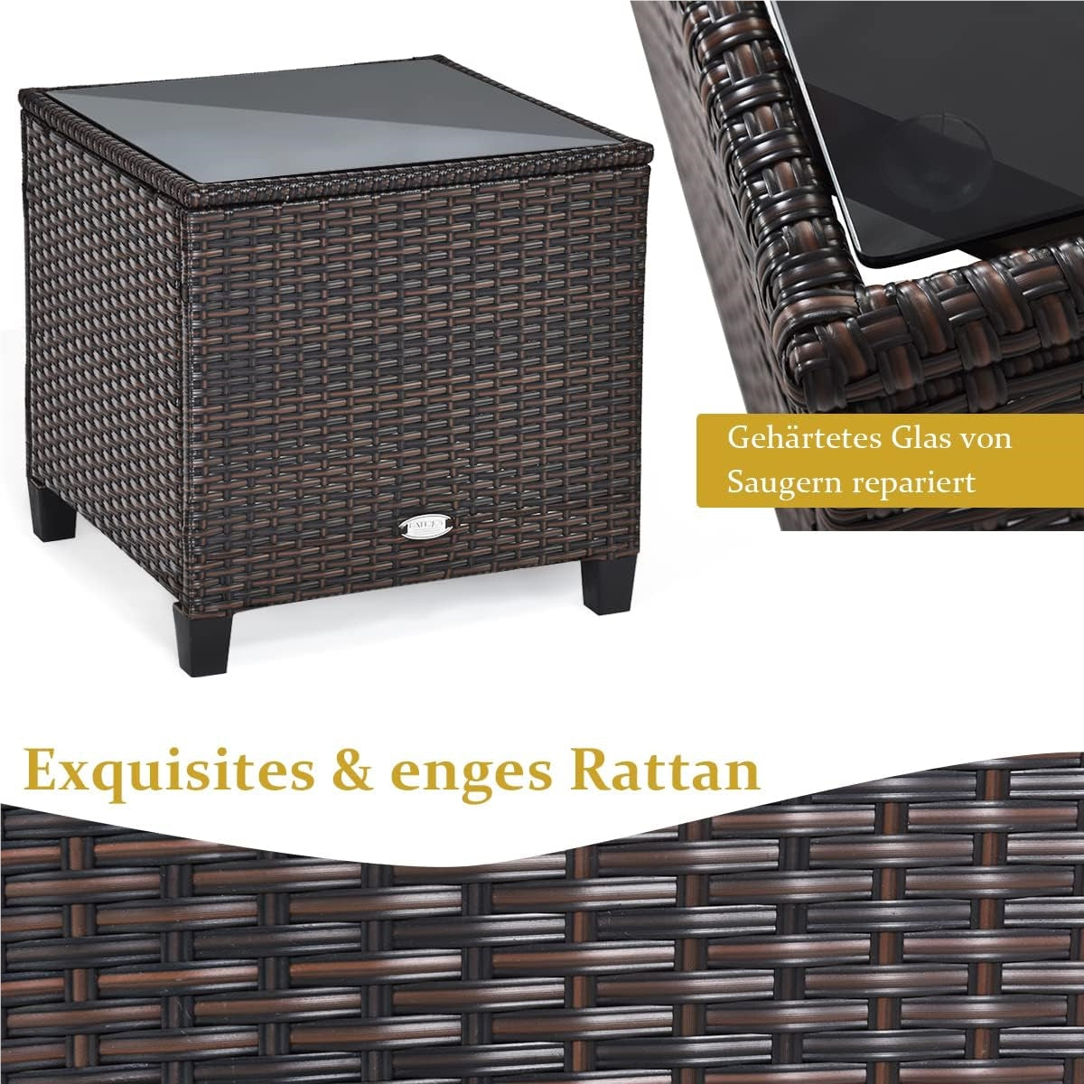 Tuinset – Rattan Tuinmeubelen – Polyrattan Zitgroep – Bistroset – Loungeset – 3-delig – Weerbestendig Stalen Frame – Inclusief Zitkussens en Glazen Tafelblad