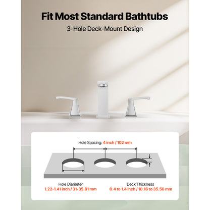 VEVOR Roman Tub Faucet, 3 Hole Waterfall Bathtub Faucet, Bath Tubs Faucets Set with 2 Handles, Roman Tub Faucets Deck Mount for Pet Washing, Baby Care, Adult Bathing, Silver, Right-Angle Spout Design
