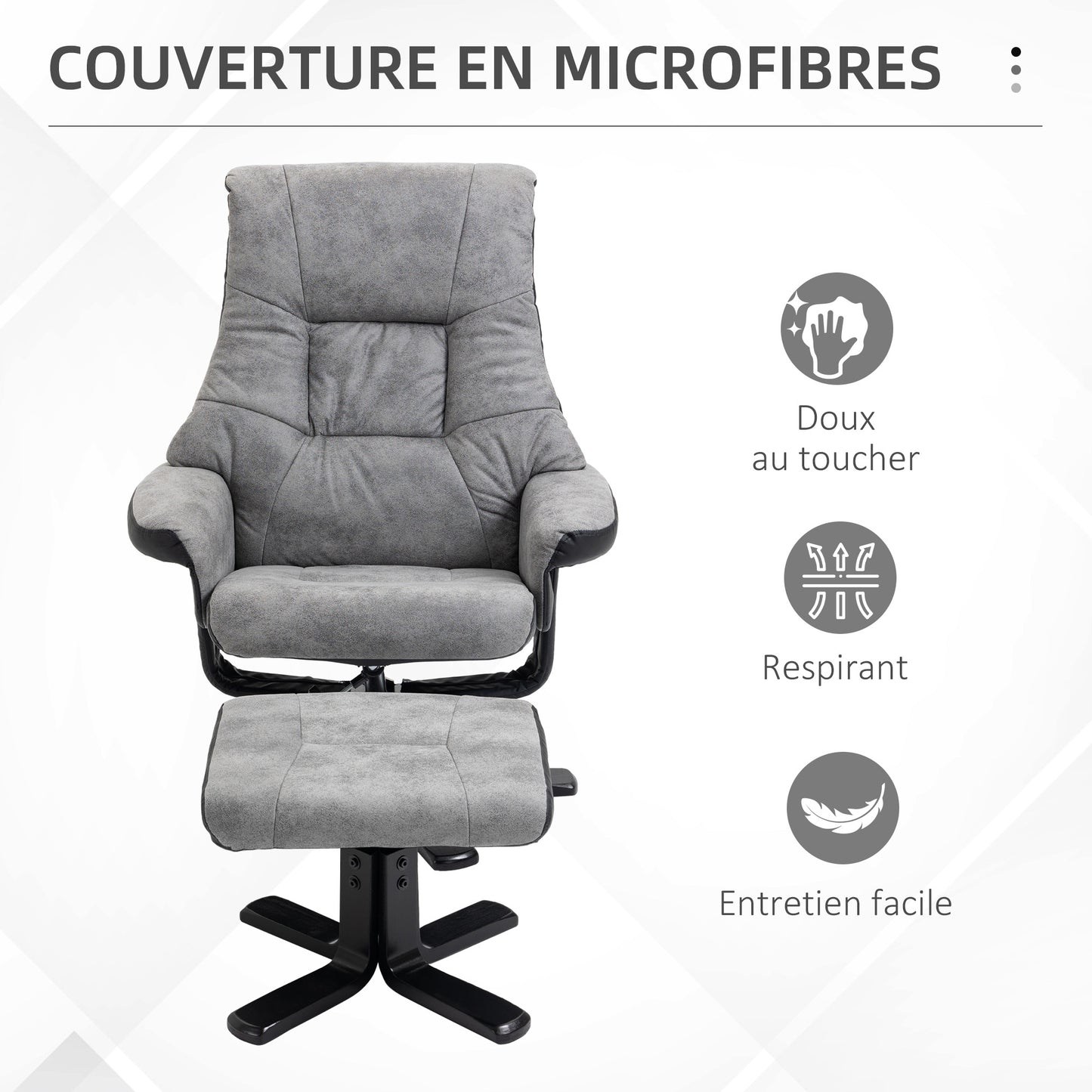 HOMCOM Reclining Lounge Chair with Footrest, 360° Swivel, Microfiber Upholstery, Solid Wood Legs, Thick Padded Seat, Gray, 135 cm