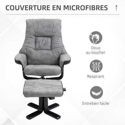 HOMCOM Reclining Lounge Chair with Footrest, 360° Swivel, Microfiber Upholstery, Solid Wood Legs, Thick Padded Seat, Gray, 135 cm