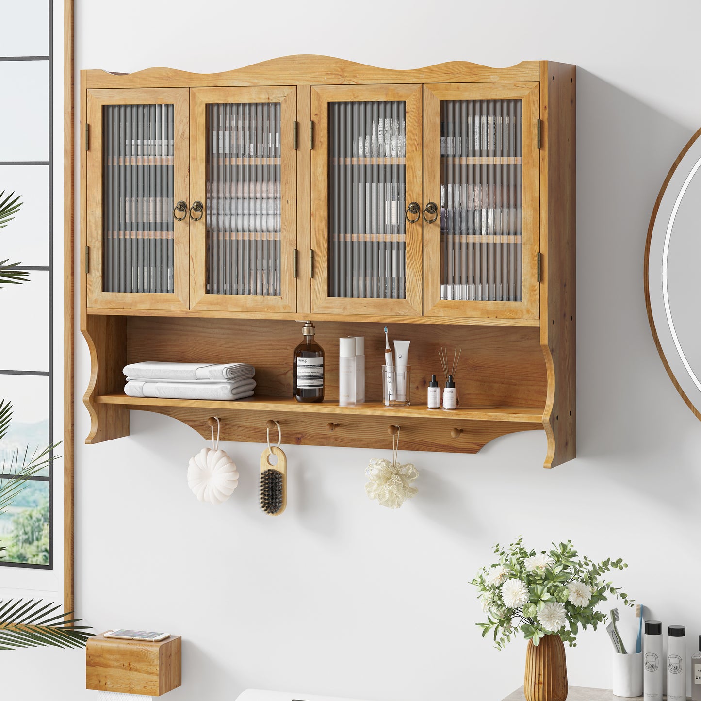 Wandkastje – Opbergkast – Muurkast – Houten Kast – Badkamerkast – 100 cm Breed – Massief Hout Met Glas – 4 Deuren – 2 Verstelbare Planken – Open Haakrek