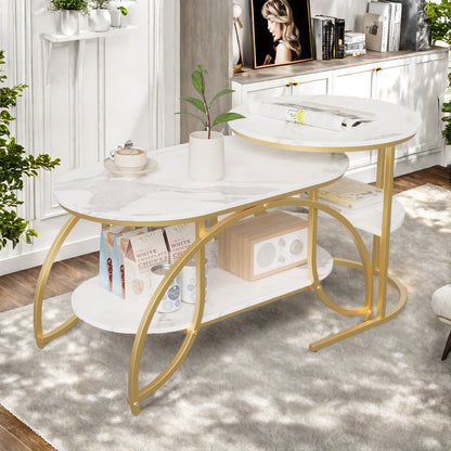 Koffietafel Set – Salontafel – Bijzettafel – Woonkamertafel – Tafelset – Wit Marmerpatroon – Gouden Metalen Onderstel – Compact en Stevig