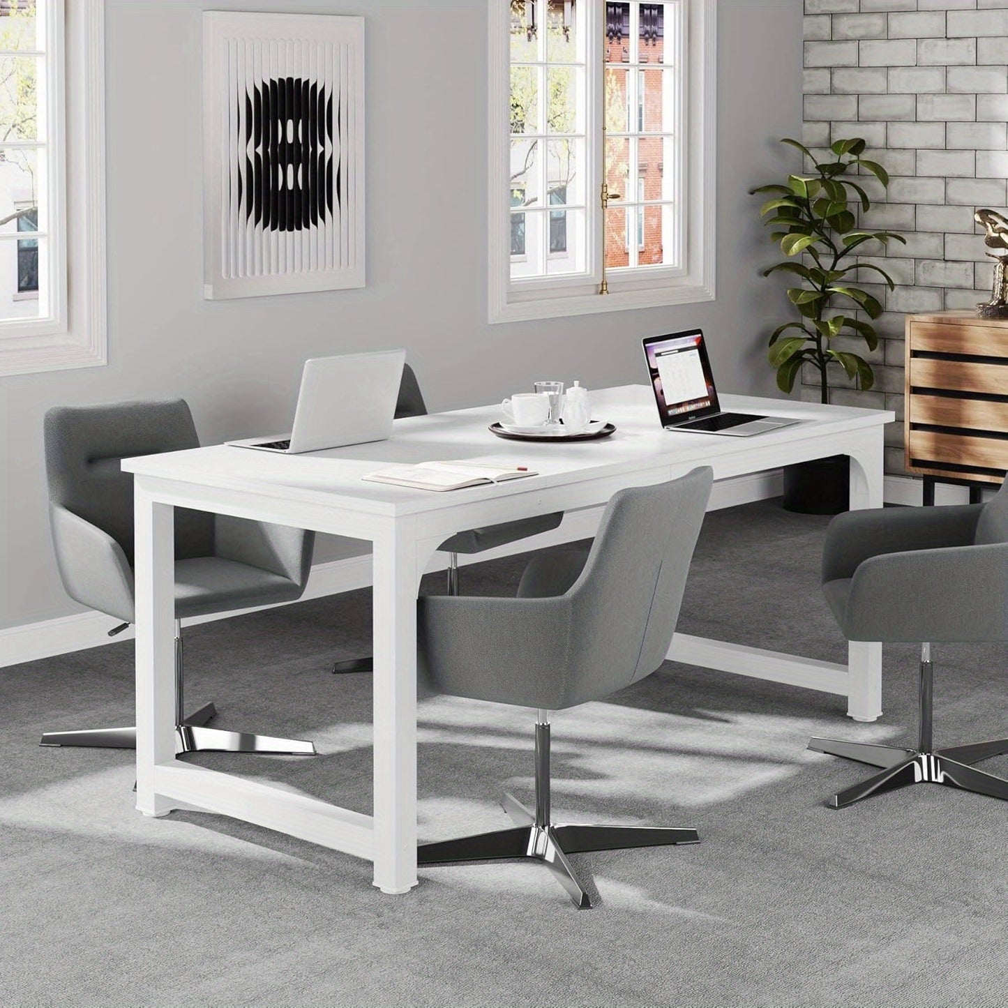 63-Inch Executive Desk, Large Office Computer Workstation with Thicken Frame in White for Home Office