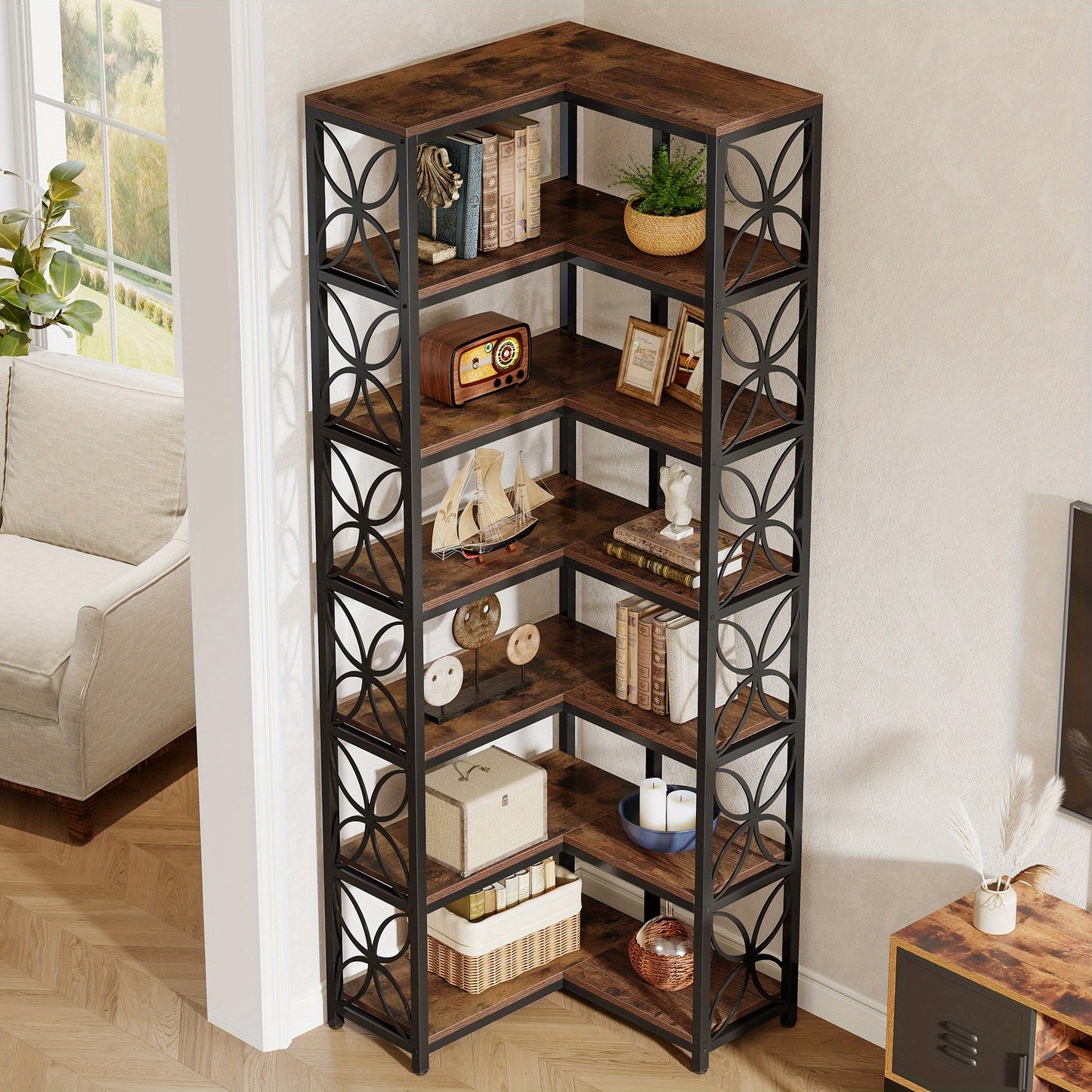 79-Inch Tall 7-Tier L-Shaped Corner Bookcase with Metal Frame - Heavy-Duty Freestanding Storage Shelf, Space-Saving Curved Design, Engineered Wood & Metal Construction, Contemporary Modern Style in Rustic Brown & Black for Li